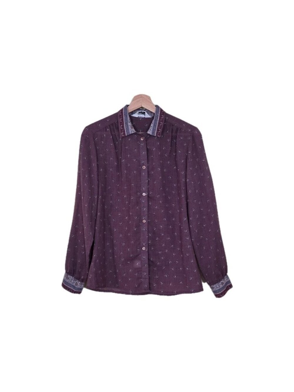 Vtg Highland Queen Top US 12 Plum Micro Paisley Floral Contrast Wool Blend Boho